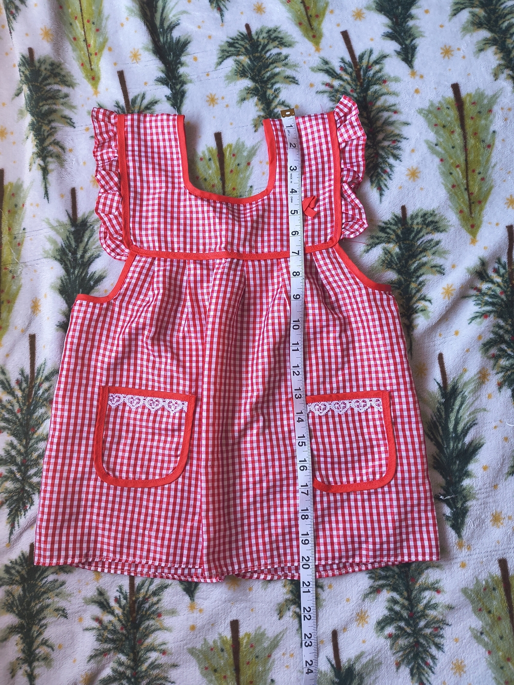 For to 4-6- Years Vintage Red Gingham Kids Pinafore Apron with Ruffle Trim - Picture 2 of 6